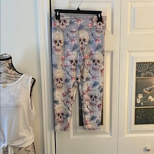 Evolution and Creation Skull and Floral Leggings - Pink and Gray
